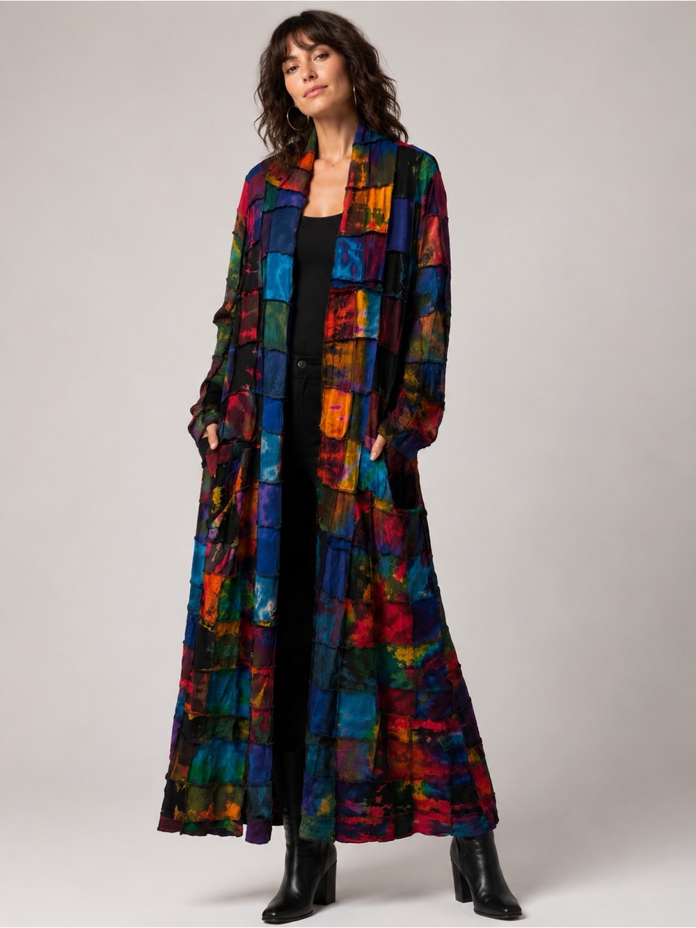 Long Viscose Patchwork Duster Cardigan w/pockets